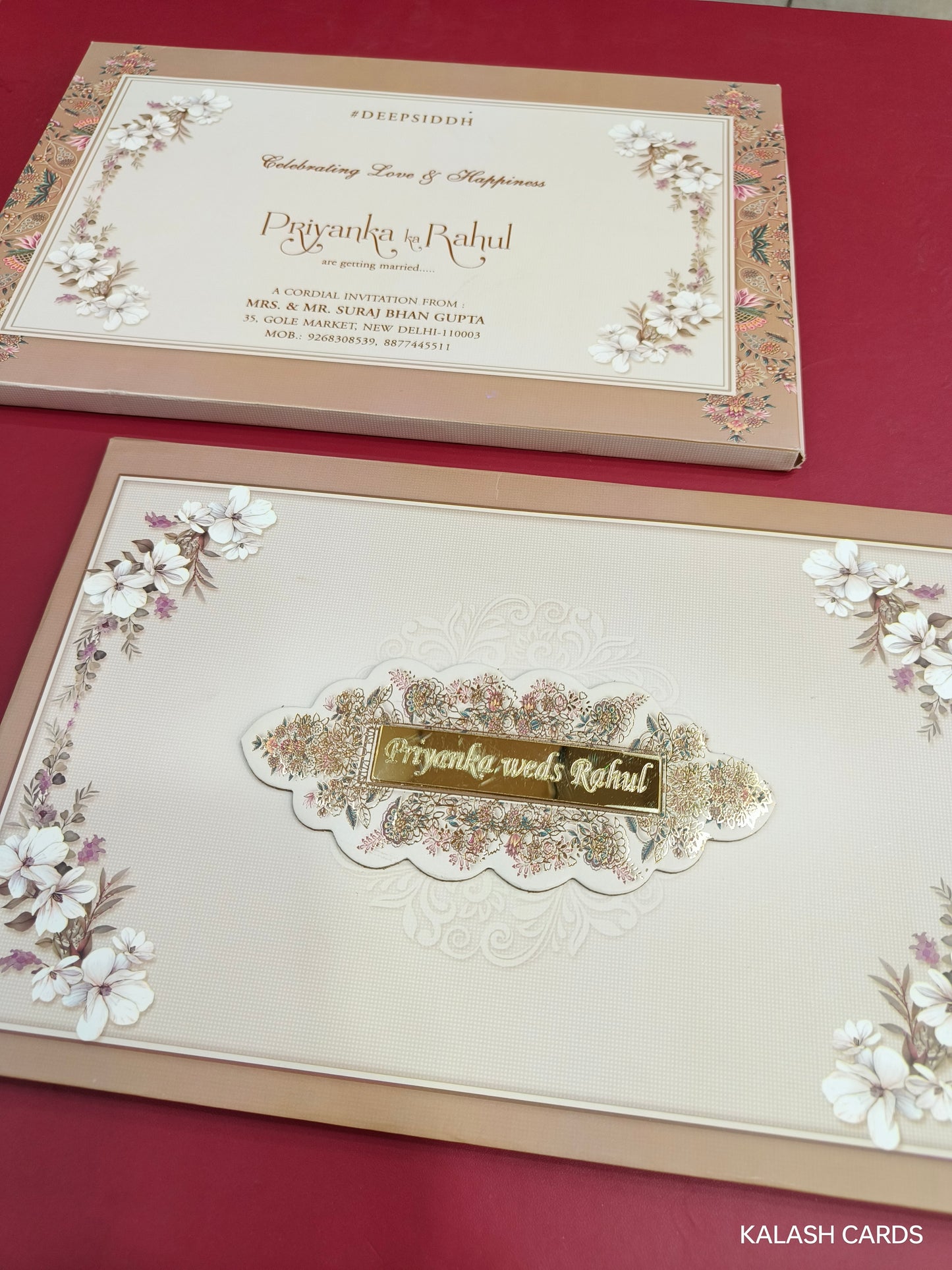 KLB734 Floral Design Hardbound Padding Thick Wedding Card with Couple Name Acrylic Mirror-Kalash Cards