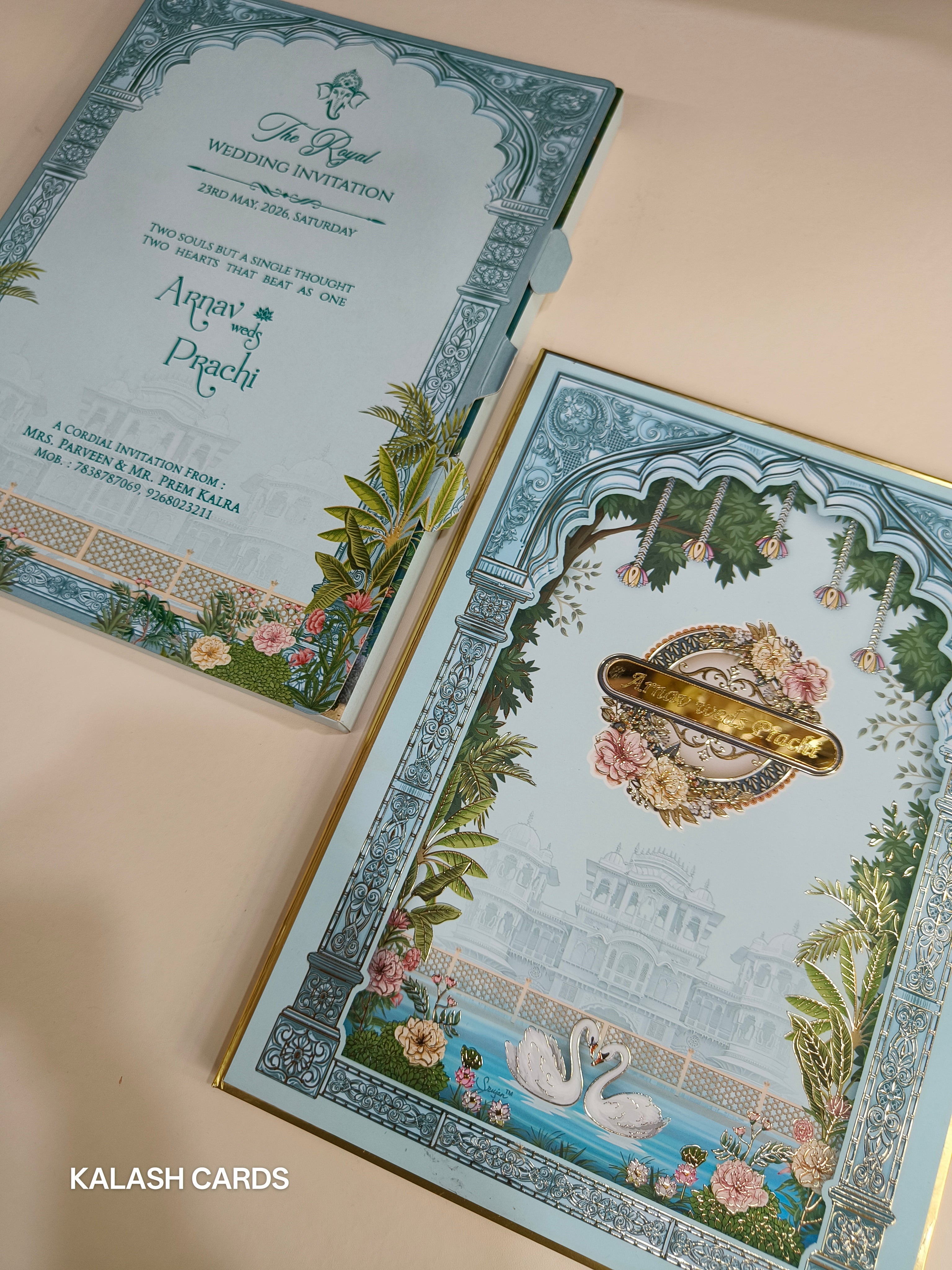 KLB514 Royal Fort Theme Hardboard Padding Thick Wedding Card (2 Page & 1 Etched Mirror)-Kalash Cards