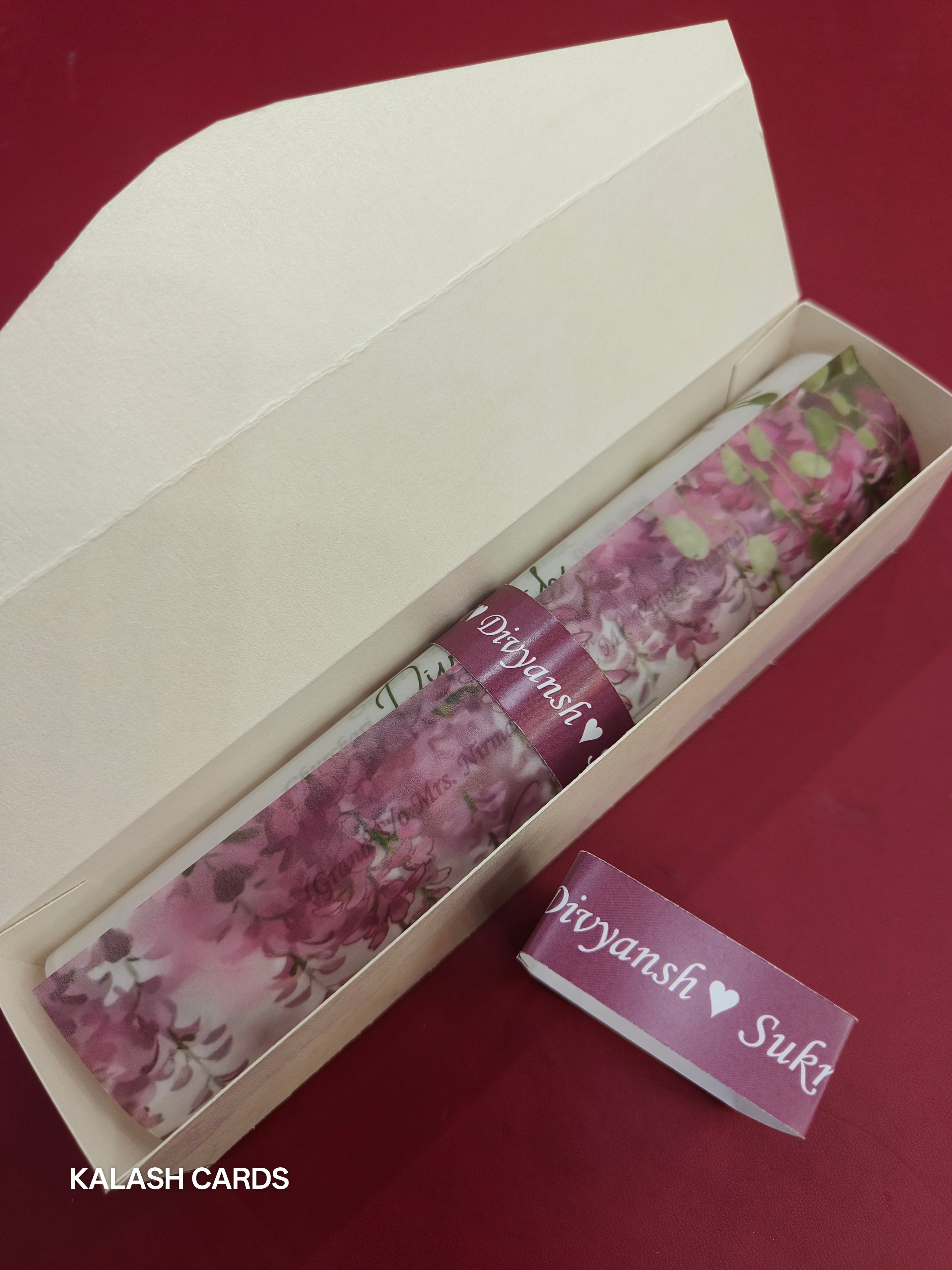 KL2153 Luxury Translucent Scroll Wedding Card with Matching Box Cover and Personalised Band-Kalash Cards