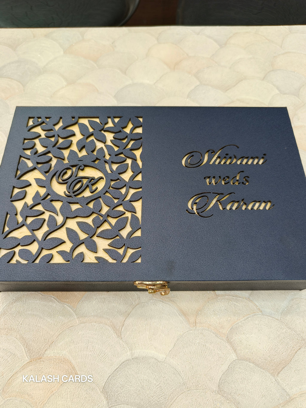 KL9003 Royal Blue Floral Design Lasercut Wedding Box with Laser Cut Couple Name and 2 Fold Page Card-Kalash Cards