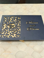 KL9003 Royal Blue Floral Design Lasercut Wedding Box with Laser Cut Couple Name and 2 Fold Page Card-Kalash Cards