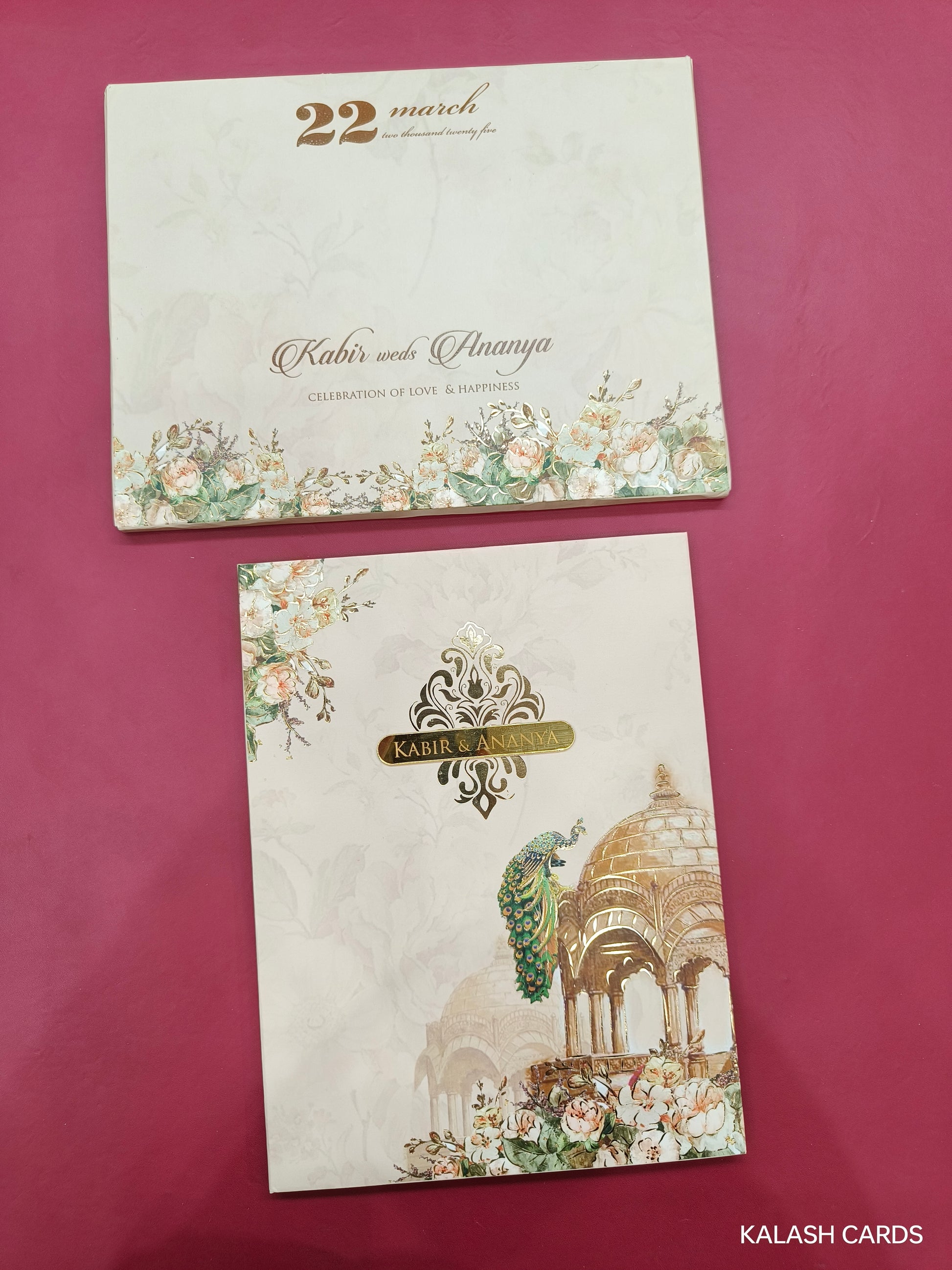 KLB701* Traditional Fort Peacock Design Hardbound Padding Thick Wedding Card with Couple Name Acrylic Mirror-Kalash Cards