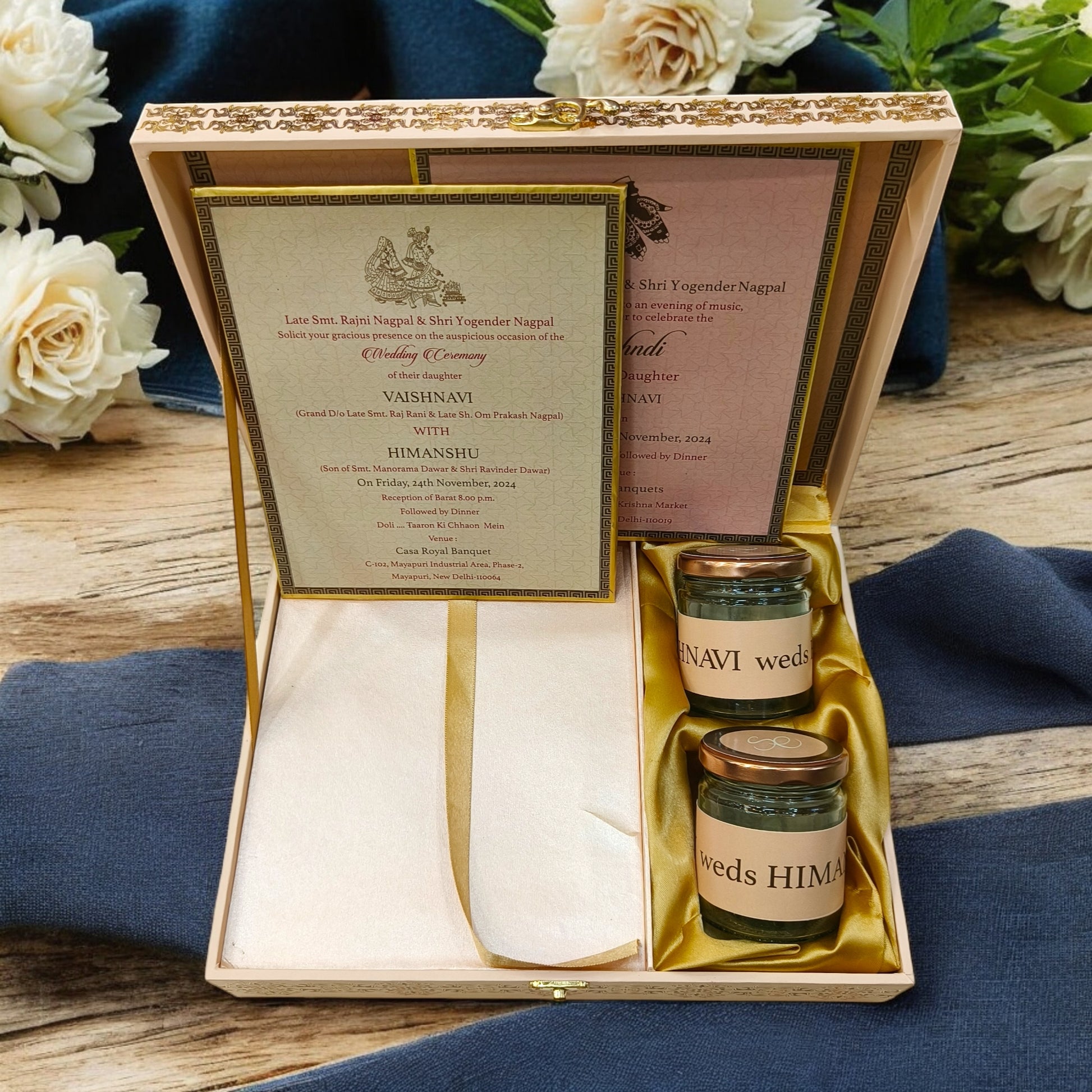 KL9042B Glittering Gold Textured Design Luxury MDF Gift Wedding Box with 2 Printed Card Inserts (2 Jars)-Kalash Cards