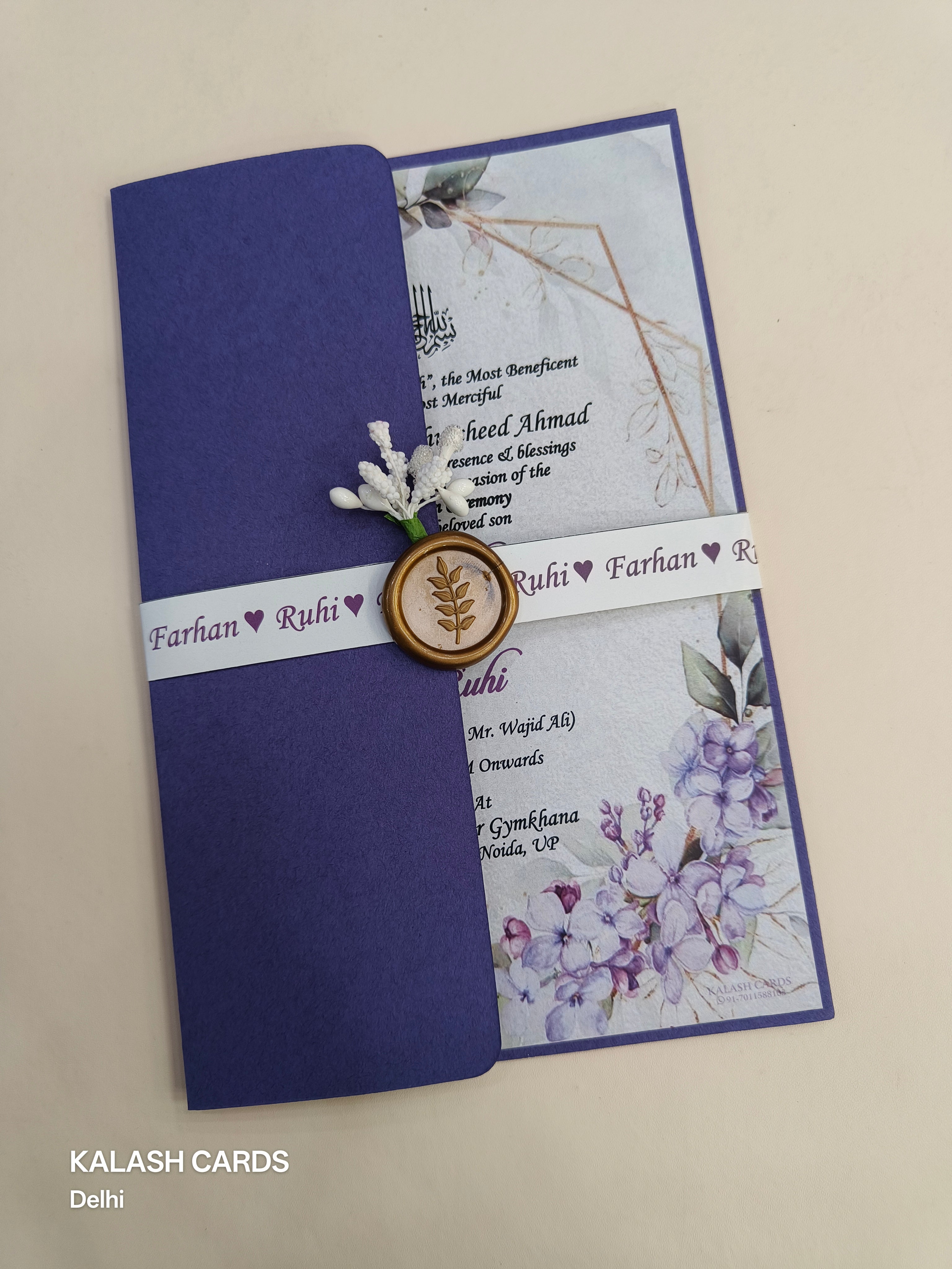 KL2174 Floral Theme Minimal Wedding Card with Flower Seal & Band (1 Page) - Pack of 10 Qty-Kalash Cards