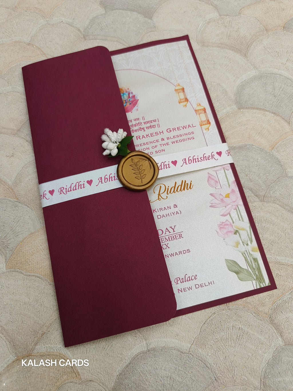 KL2132 Minimal Floral Design Wedding Card with Flower Seal and Band (1 Page)-Kalash Cards