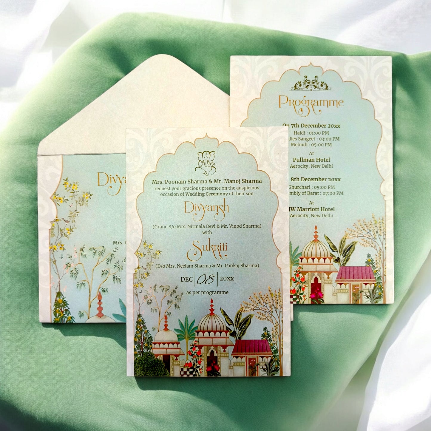 KL2218 Royal Fort Design Luxury Wedding Invitation Card with 2 Printed Cards and Matching Envelope-Kalash Cards