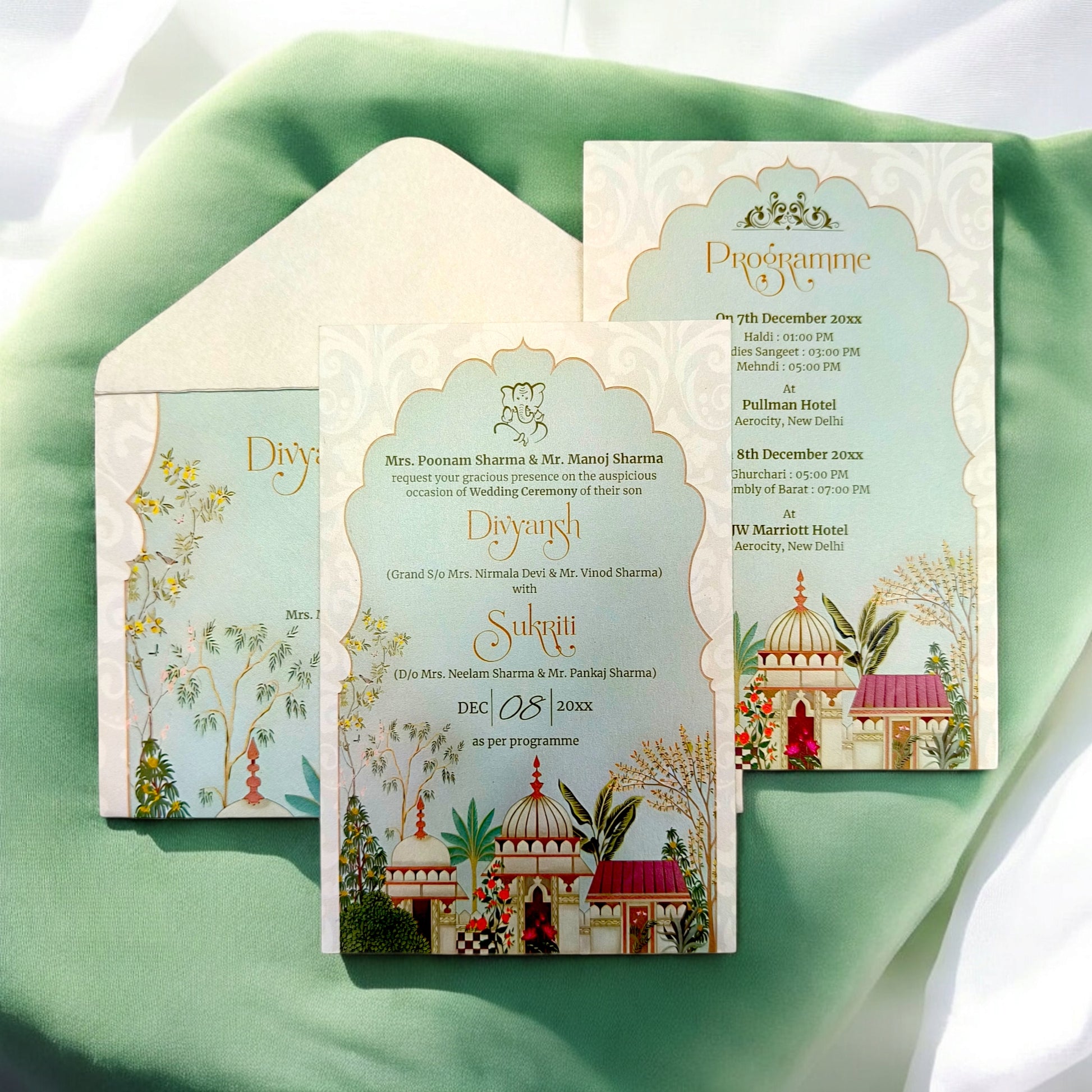 KL2218 Royal Fort Design Luxury Wedding Invitation Card with 2 Printed Cards and Matching Envelope-Kalash Cards