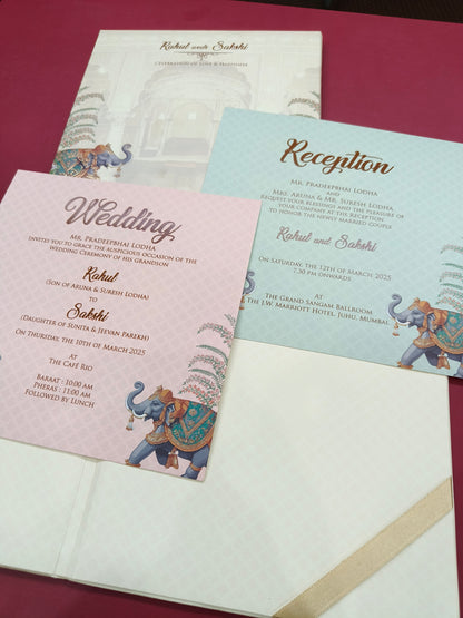 KLB692* Luxury Traditional Elephant Design Hardbound Padding Thick Wedding Card with Couple Name Acrylic Mirror-Kalash Cards