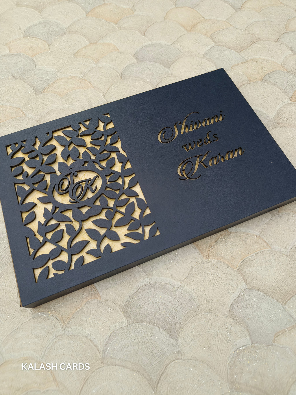 KLB599 Royal Blue Floral Design Lasercut Luxury Wooden Wedding Card with 2 Fold Page Inserts and Lasercut Couple Name-Kalash Cards