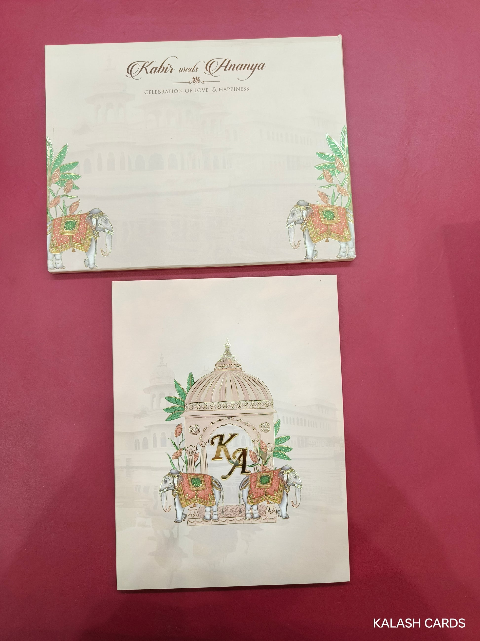 KLB704* Royal Elephant Design Hardbound Padding Thick Wedding Card with Couple Initial Acrylic Mirror-Kalash Cards