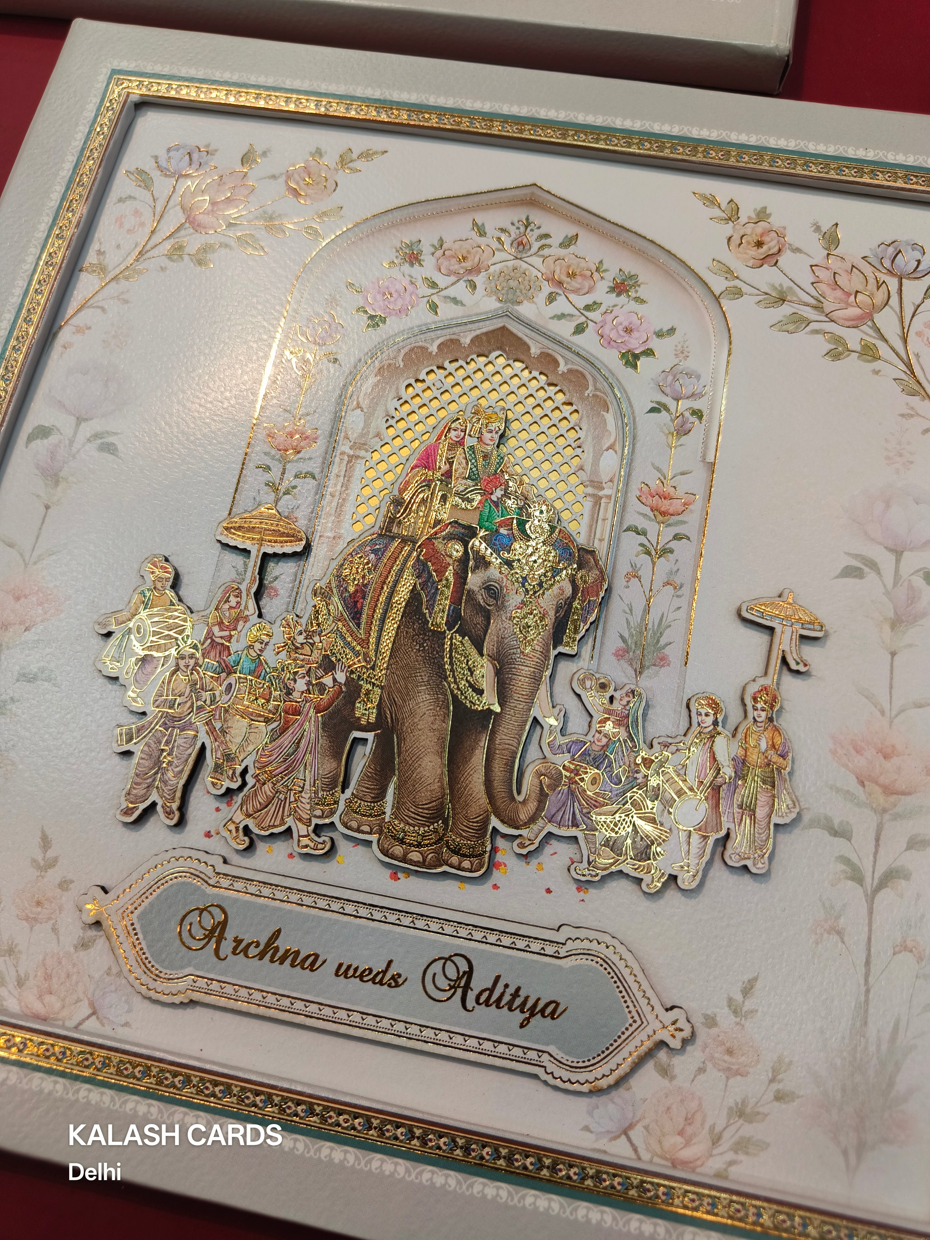 KLB525 Elephant Wedding Barat Theme Laser Cut Work Hardboard Padding Thick Wedding Card (2 Thick Page)-Kalash Cards