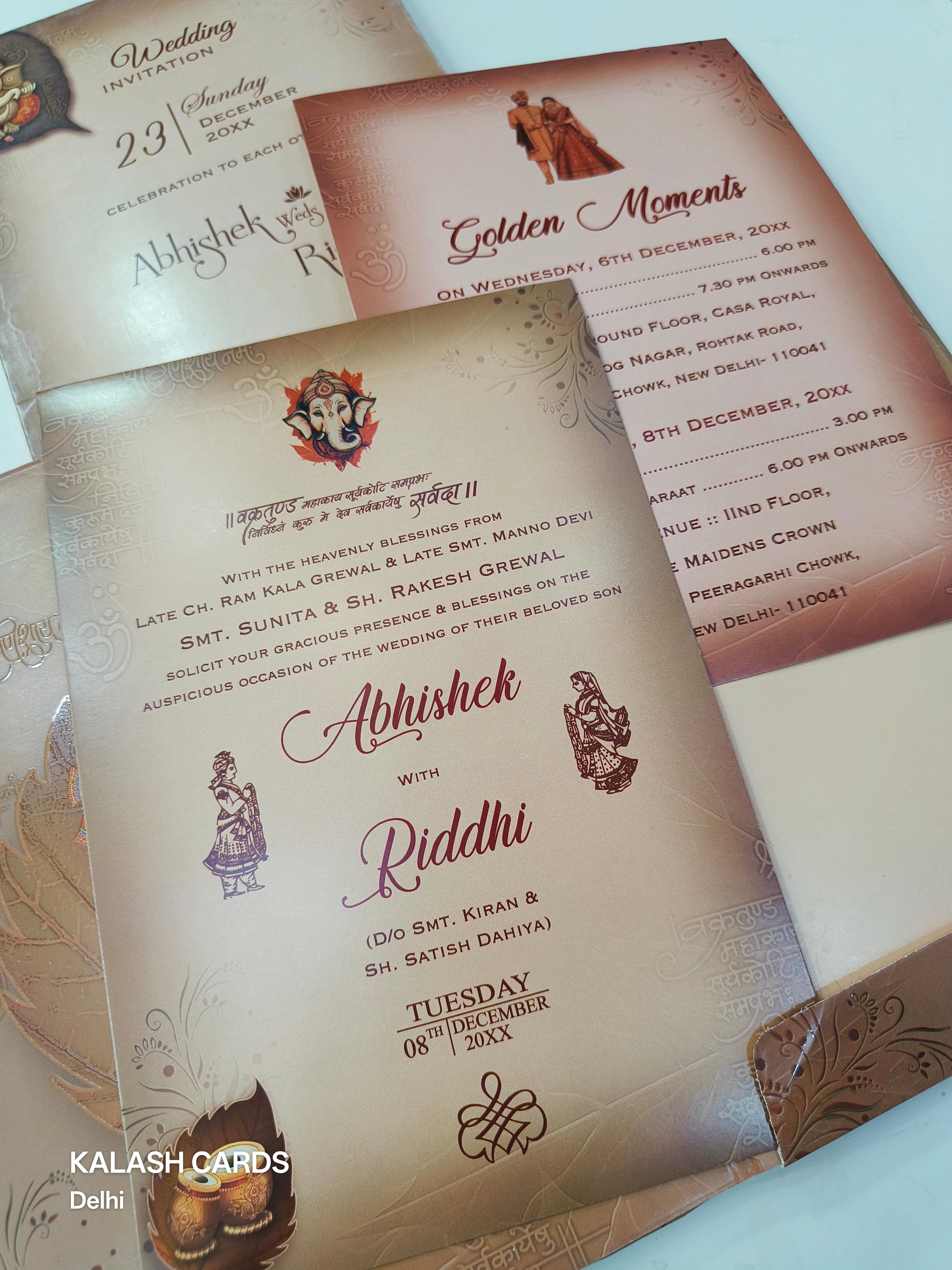 KL0708 Ganesha Hardboard Padding Thick Wedding Card with 2 Inserts and Envelope-Kalash Cards