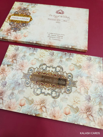 KLB735 Floral Design Hardbound Padding Thick Wedding Card with Couple Name Acrylic Mirror-Kalash Cards