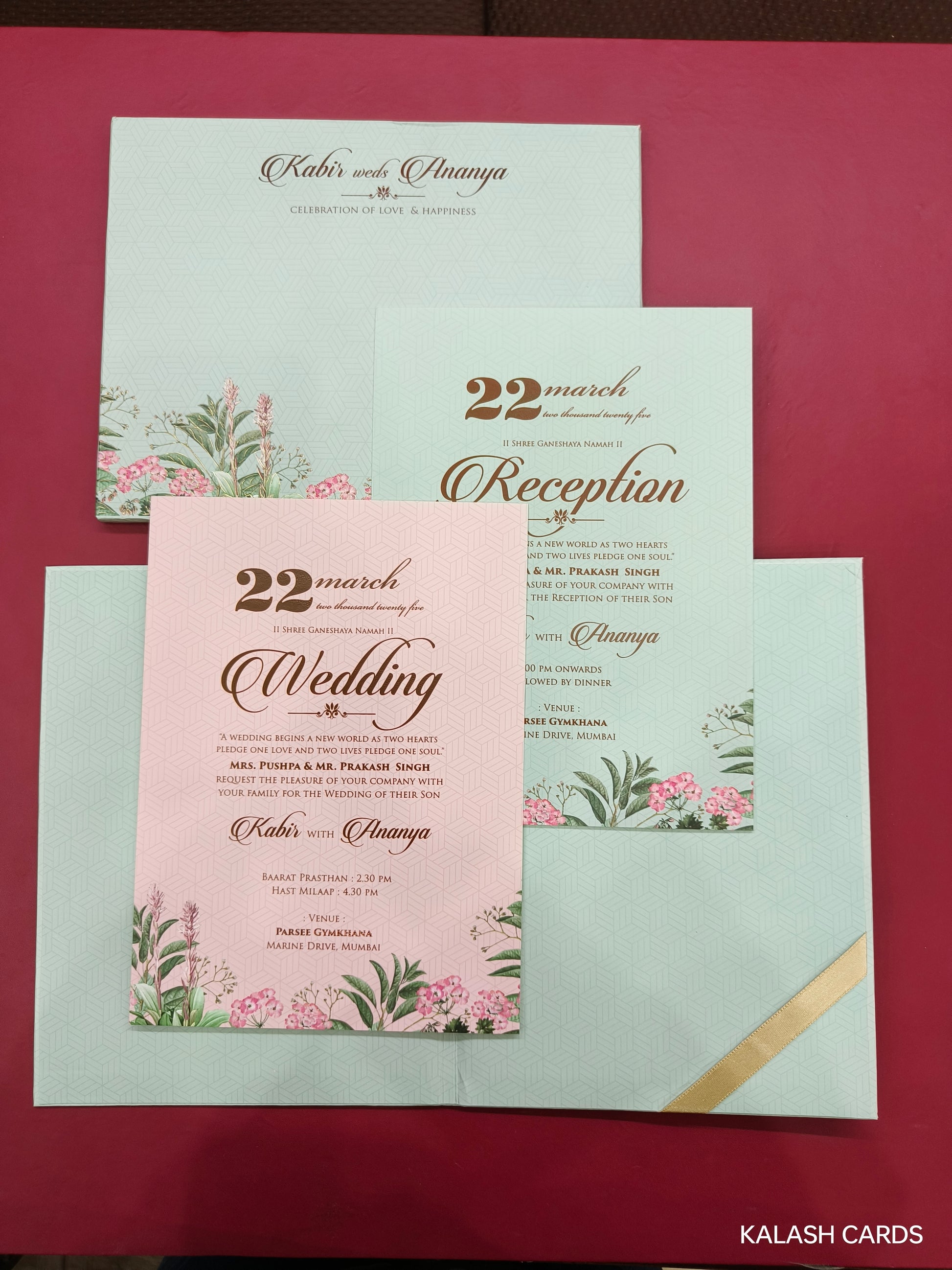 KLB696* Luxury Floral Border Design Hardbound Padding Thick Wedding Card with Couple Name Acrylic Mirror-Kalash Cards