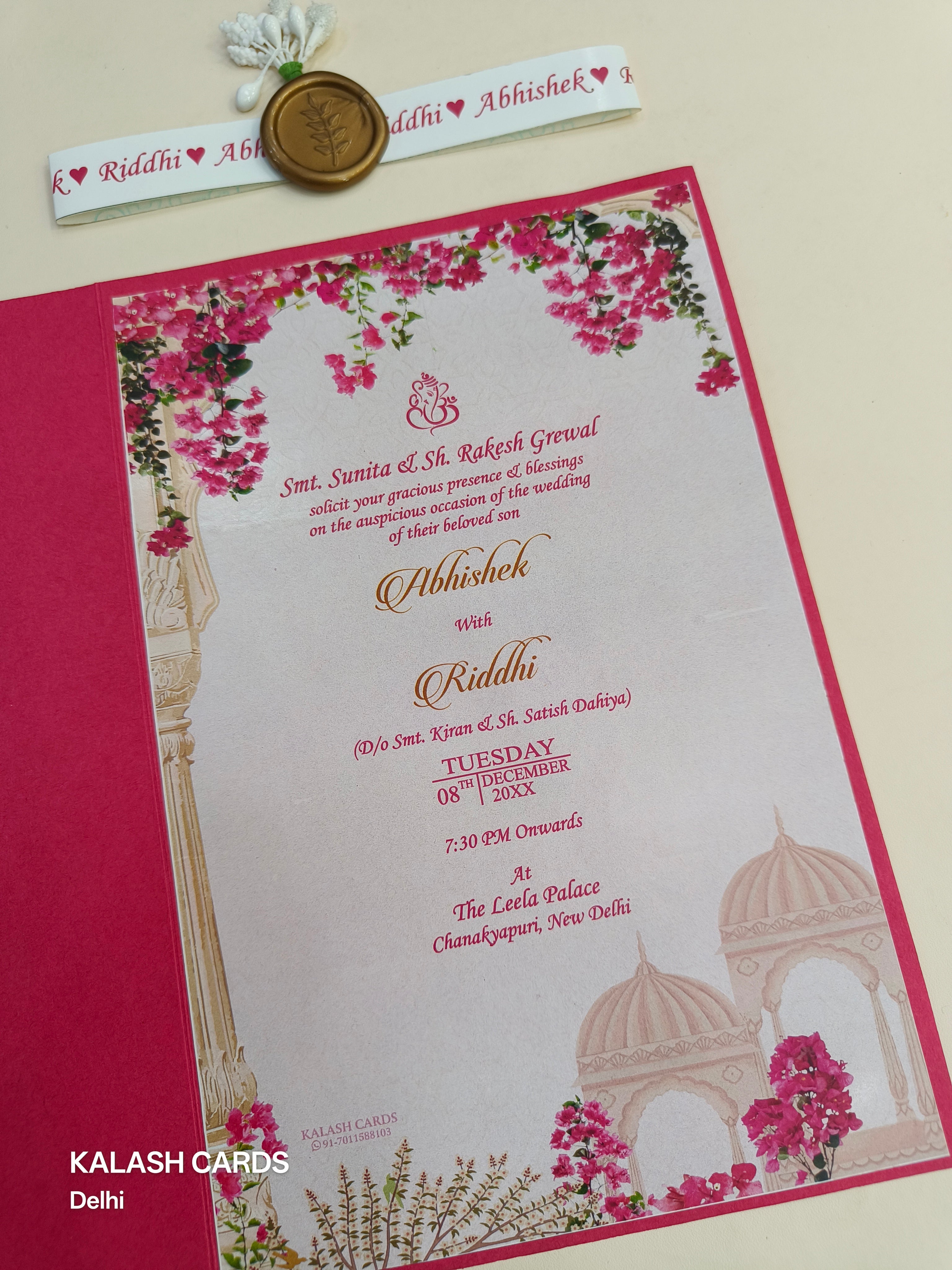 KL2156 Floral Theme Minimal Wedding Card with Flower Seal & Band (1 Page) - Pack of 10 Qty-Kalash Cards