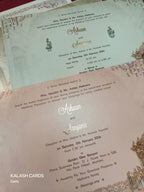 KLB529 Pastel Green Raja Rani Theme Laser Cut Work Hardboard Padding Thick Wedding Card (2 Thick Page)-Kalash Cards