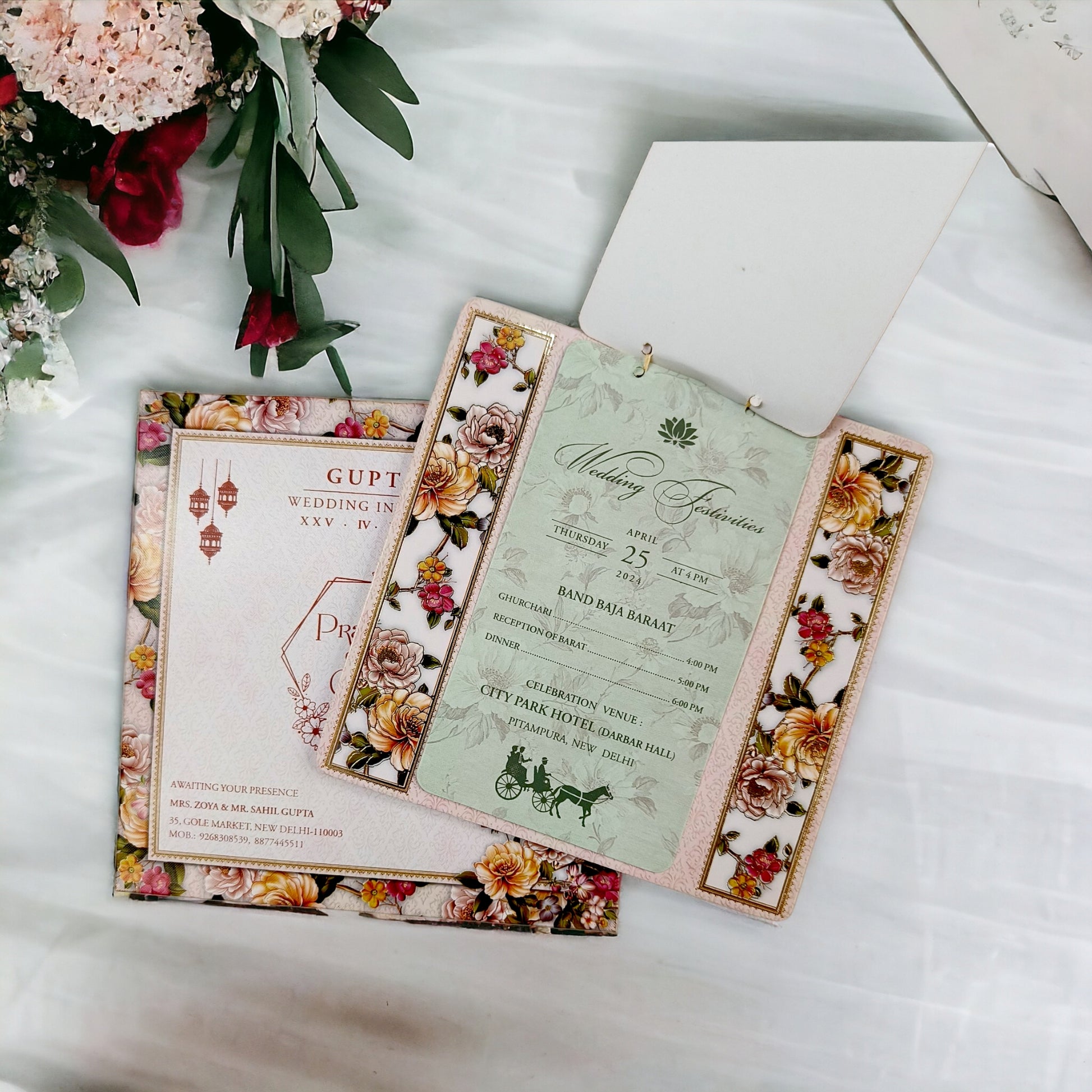 KLB579 Floral Design Paper Wedding Card with 2 Inserts & 1 Transparent Insert-Kalash Cards