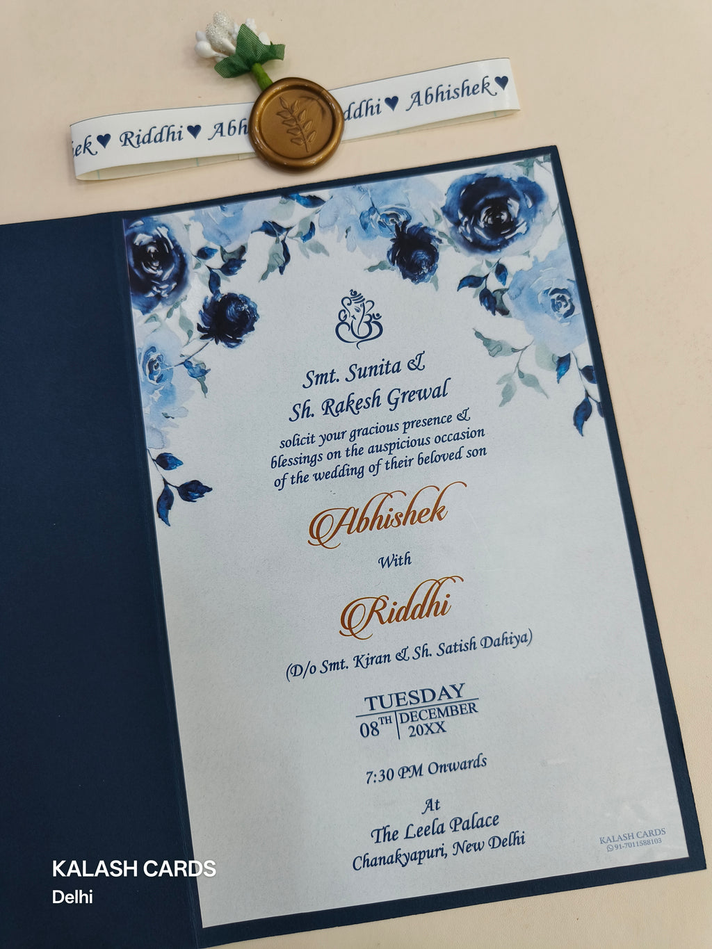 KL2176 Floral Theme Minimal Wedding Card with Flower Seal & Band (1 Page) - Pack of 10 Qty-Kalash Cards