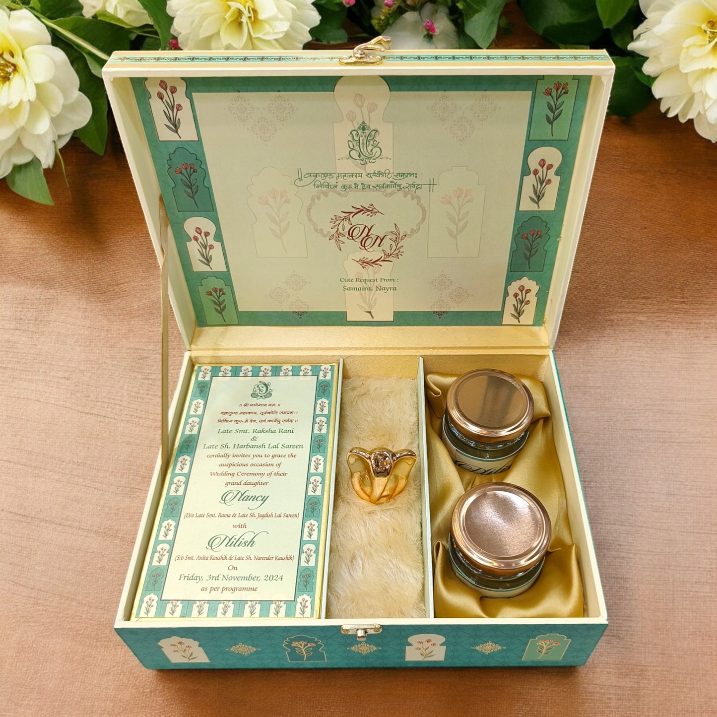 KL9044B Floral Design Luxury MDF Wedding Gift Box with 2 Printed Card Inserts and Ganesh Murti (2 Jars)-Kalash Cards