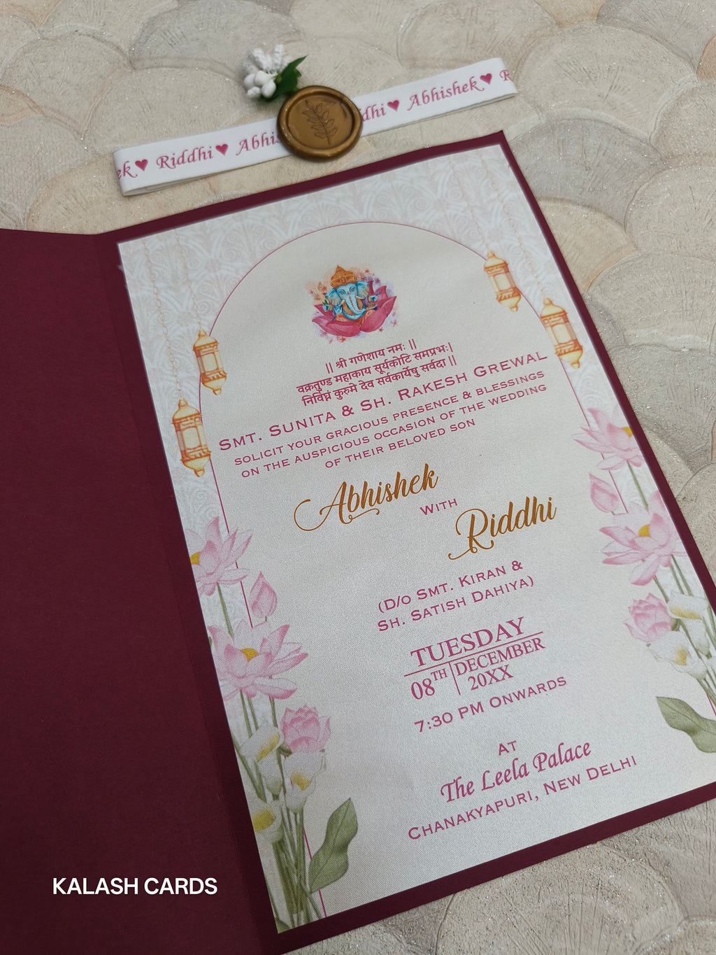 KL2132 Minimal Floral Design Wedding Card with Flower Seal and Band (1 Page)-Kalash Cards