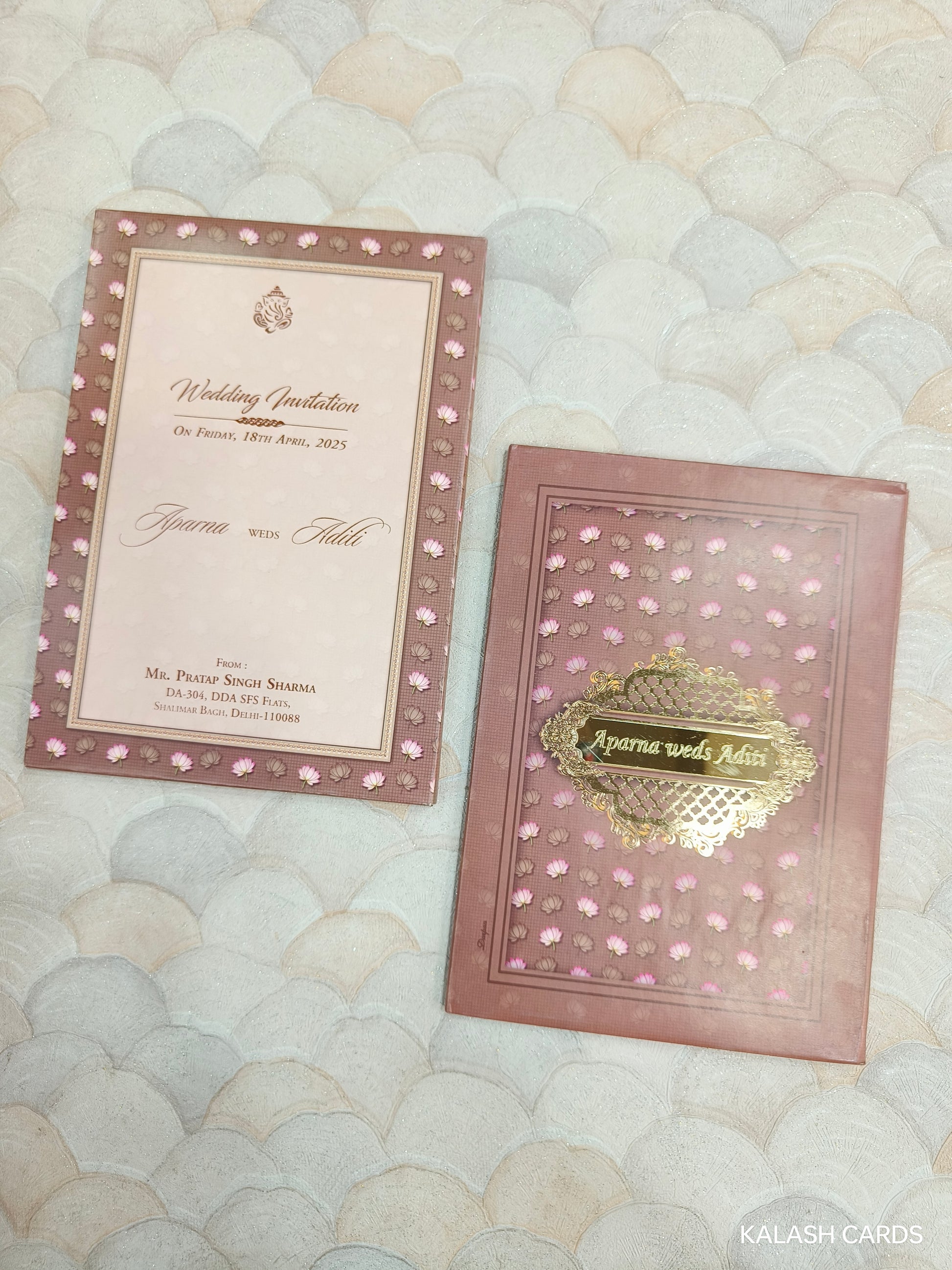 KLB729 Floral Design Hardbound Padding Thick Wedding Card with Couple Name Acrylic Mirror-Kalash Cards