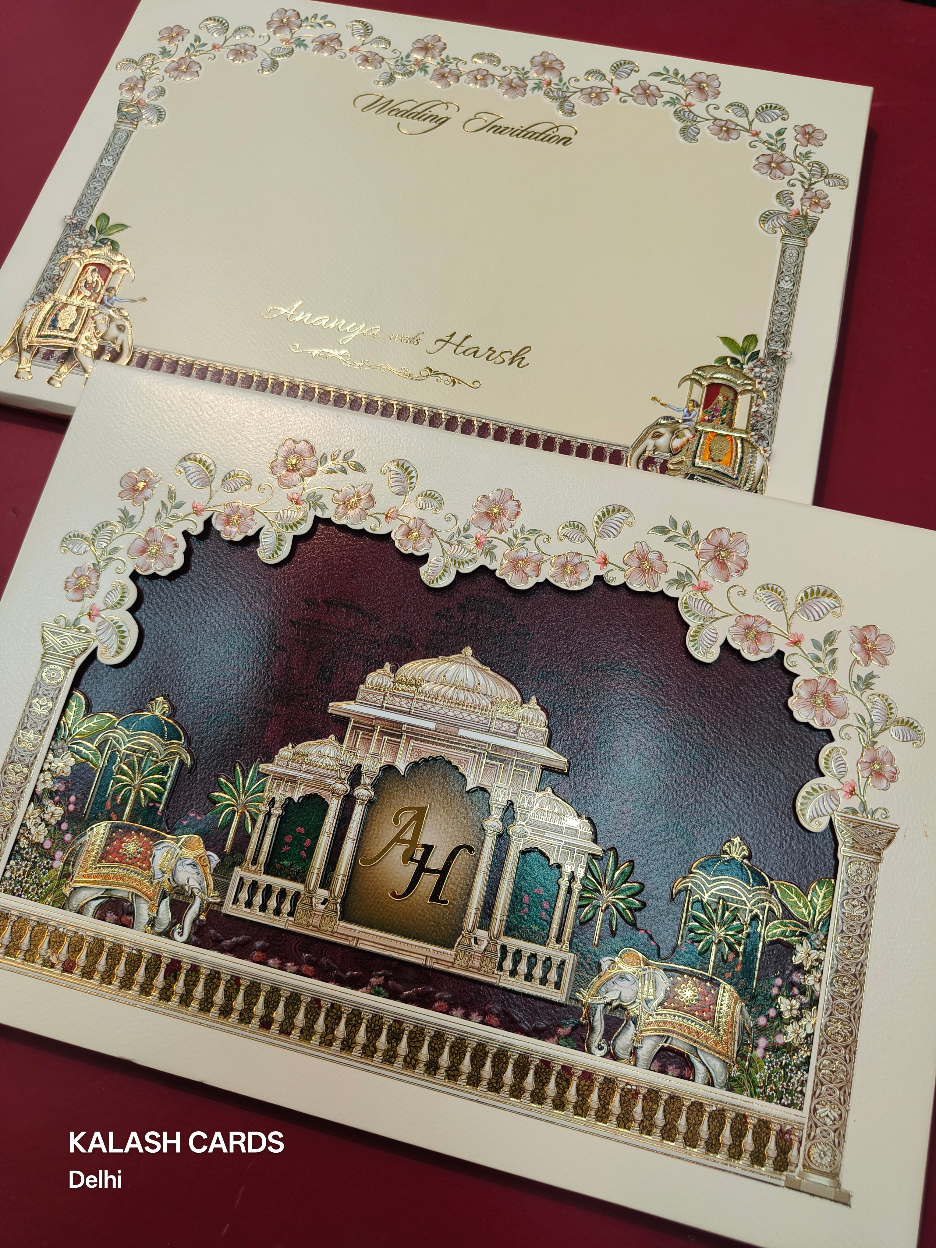 KLB523 Royal Elephant Theme Laser Cut Work Hardboard Padding Thick Wedding Card (2 Thick Page & Acrylic Couple Initial)-Kalash Cards