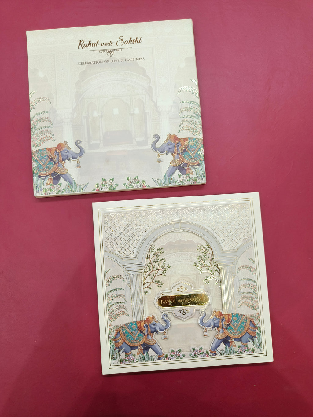 KLB692* Luxury Traditional Elephant Design Hardbound Padding Thick Wedding Card with Couple Name Acrylic Mirror-Kalash Cards