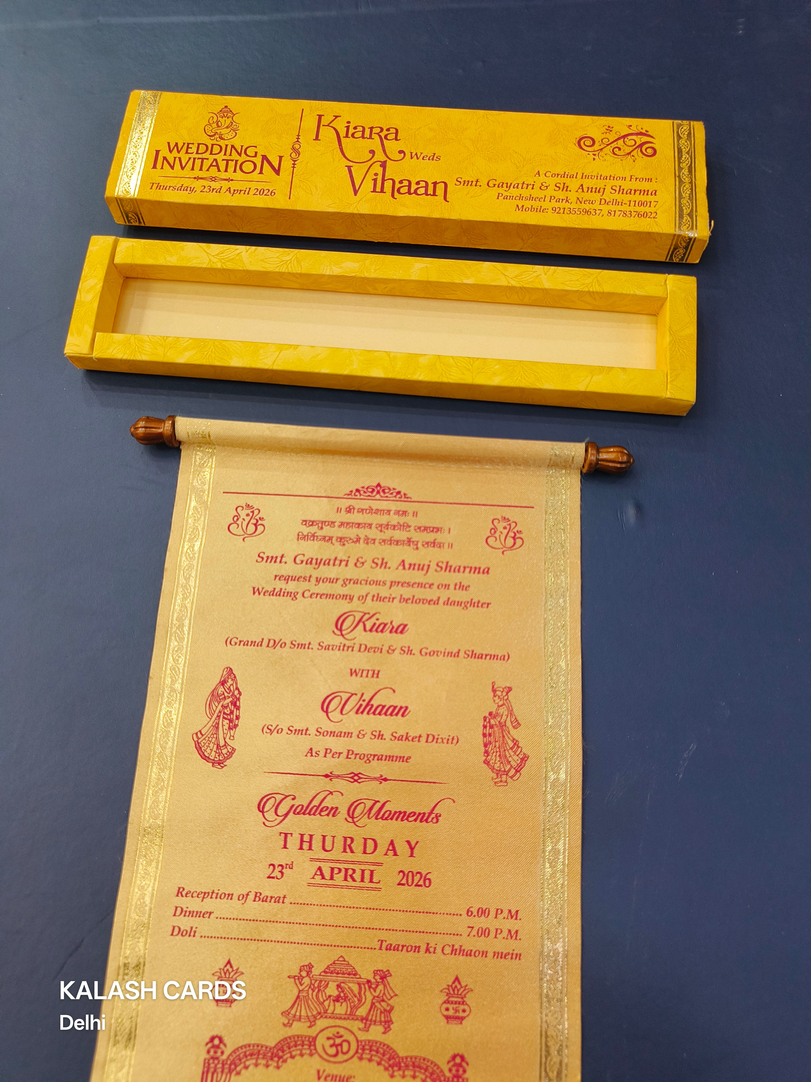 KL4 Satin Fabric Scroll Wedding Card with Box-Kalash Cards