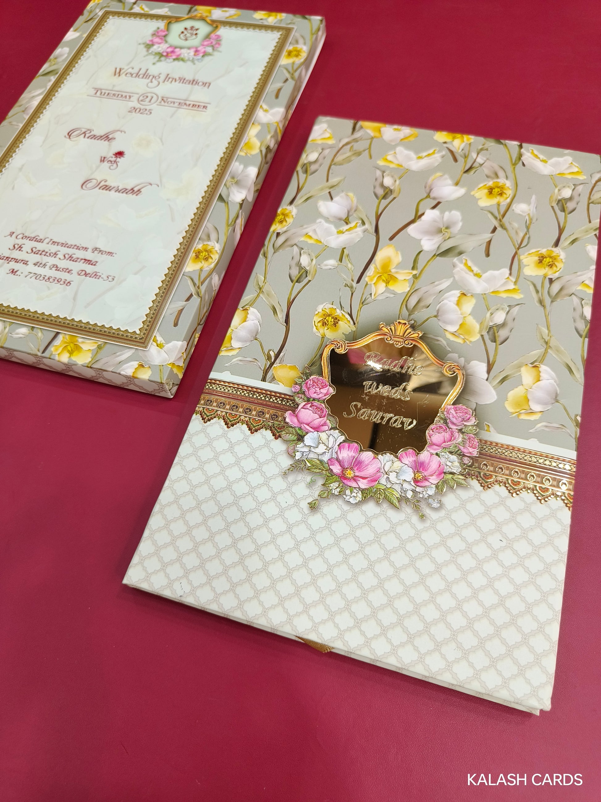 KLB732 Floral Design Hardbound Padding Thick Wedding Card with Couple Name Acrylic Mirror-Kalash Cards