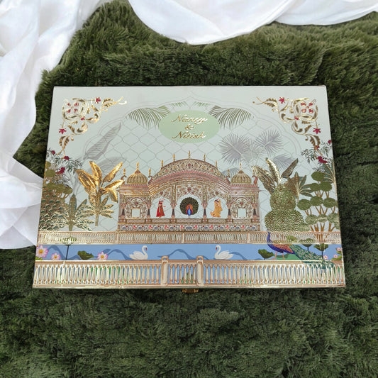 KL2201 Royal Peacock Pichwai Floral Design MDF Wedding Gift Box with Customisable 2 Gold Foil Printed Cards (2 Jars)-Kalash Cards