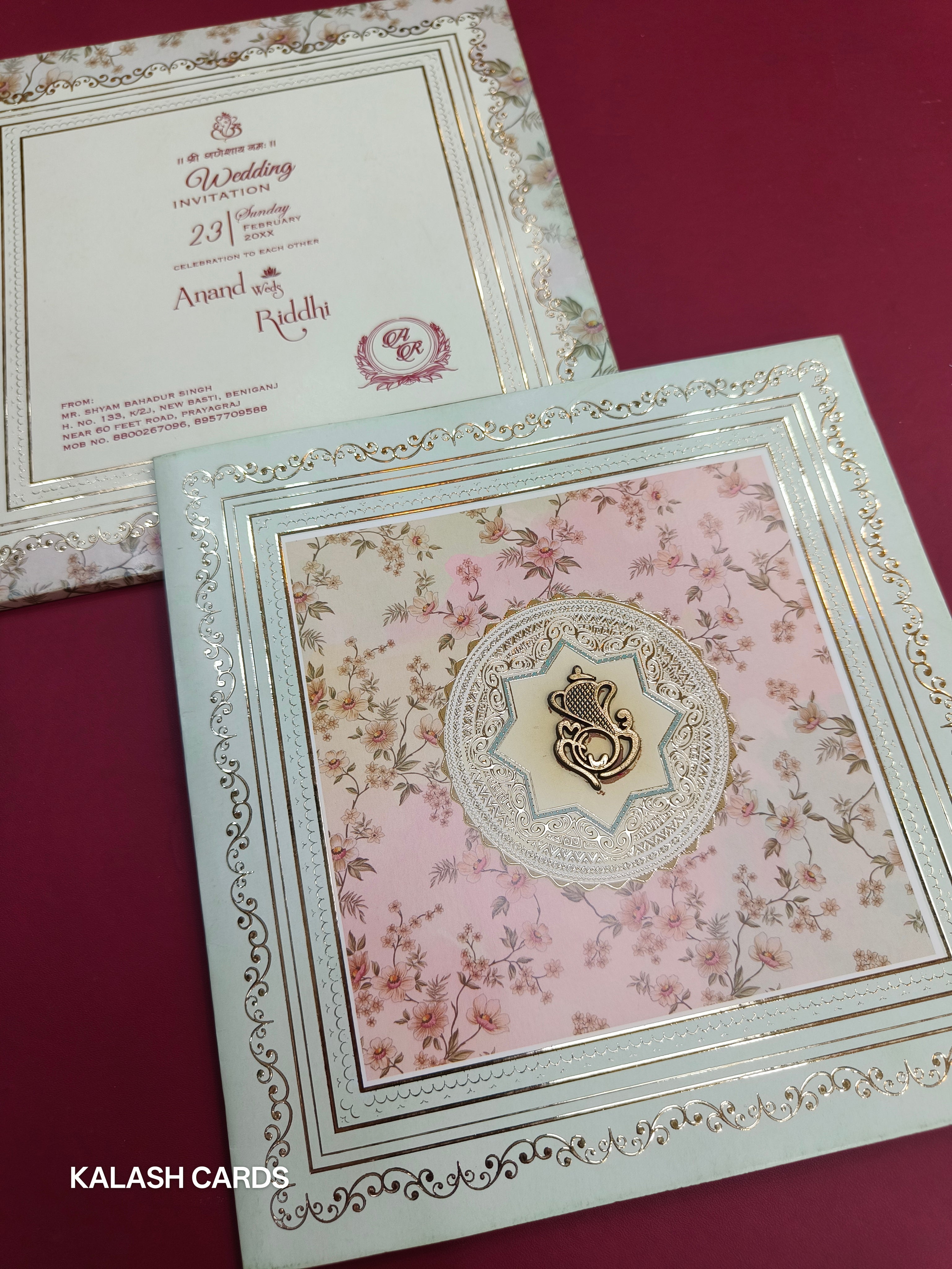 KLB504 Floral Design Semi Box Paper Wedding Card (2 Page)-Kalash Cards