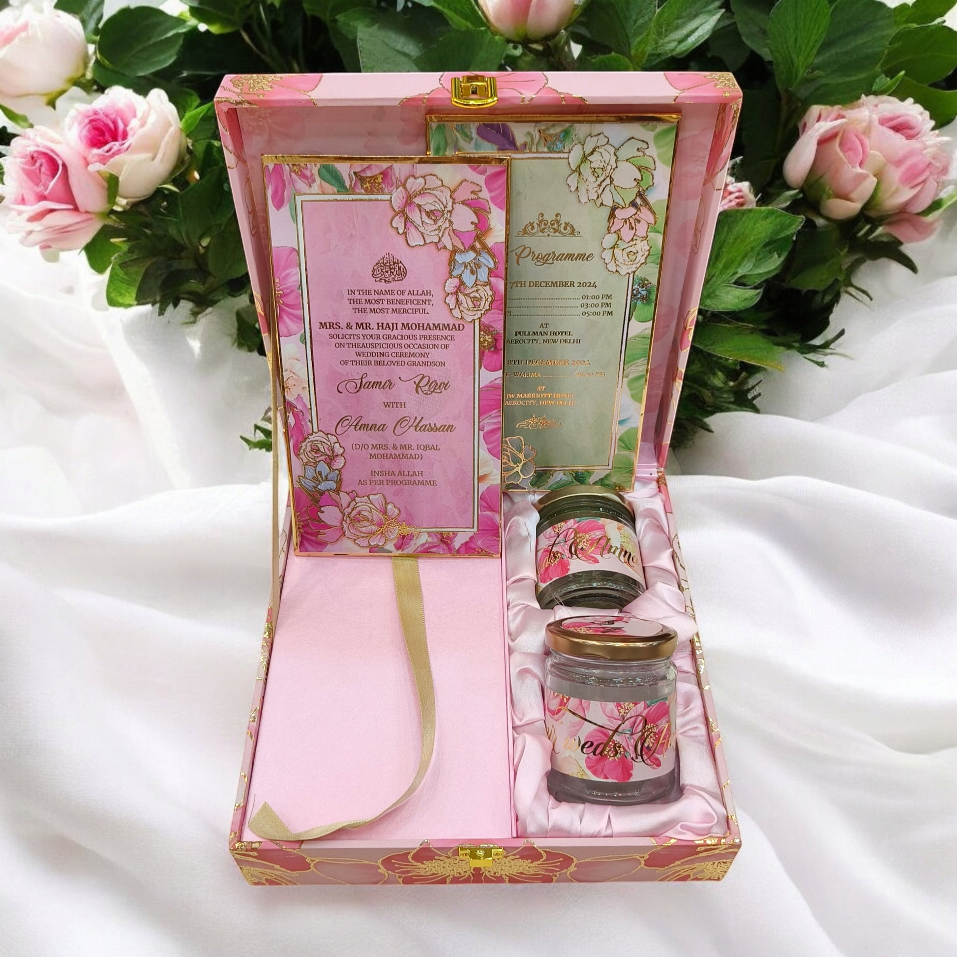 KL9039B Red Floral Design Luxury MDF Gift Box with 2 Foil Printed Inserts (2 Jars)-Kalash Cards