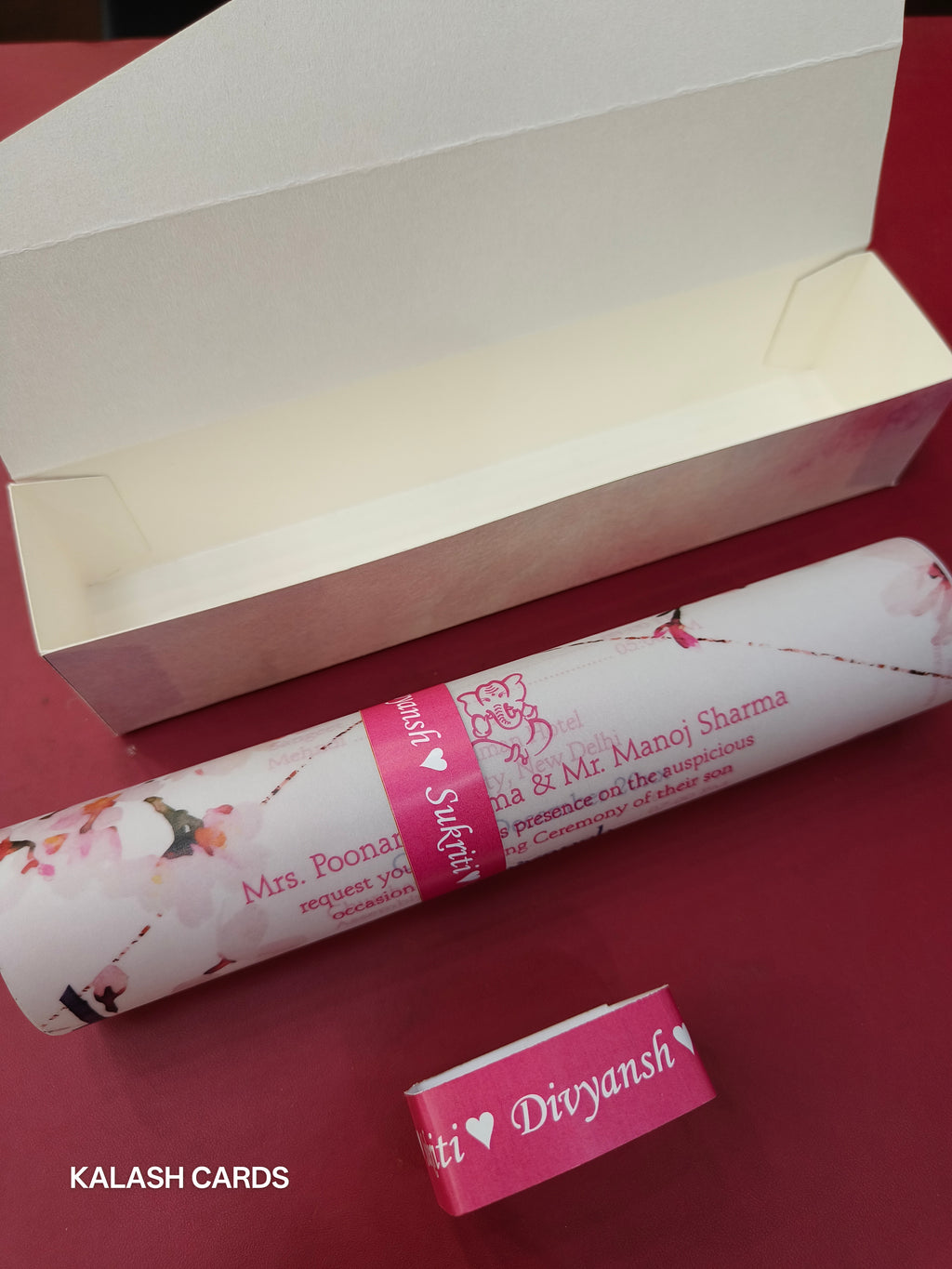 KL2143 Luxury Translucent Scroll Wedding Card with Matching Box Cover and Personalised Band-Kalash Cards