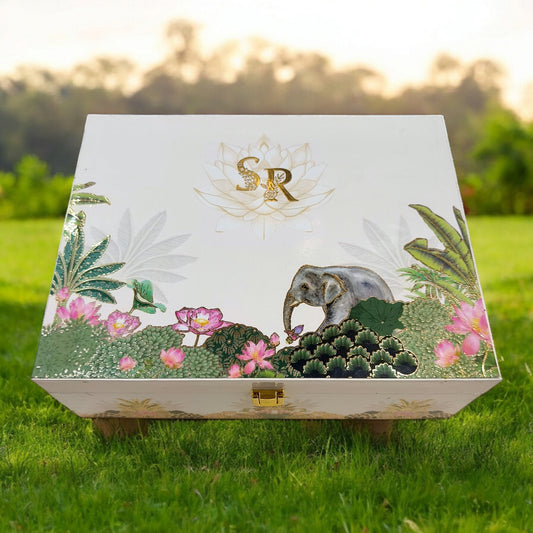 KL9020B Elephant Design Luxury MDF Gift Box with 2 Foil Print Inserts (4 Jars)-Kalash Cards