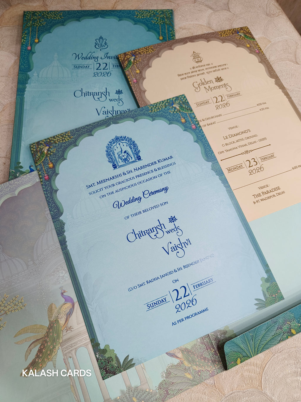 KLB533 Elegant Peacock Theme Semi Box Paper Wedding Card (2 Page)-Kalash Cards