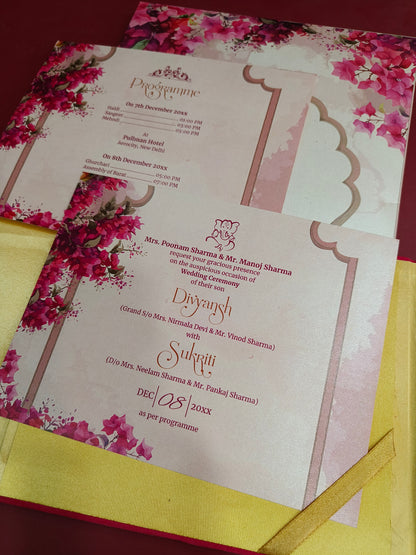 KL2111 Floral Design Door Style Velvet Fabric Thick Luxury Wedding Card with 2 Cards and Envelope-Kalash Cards