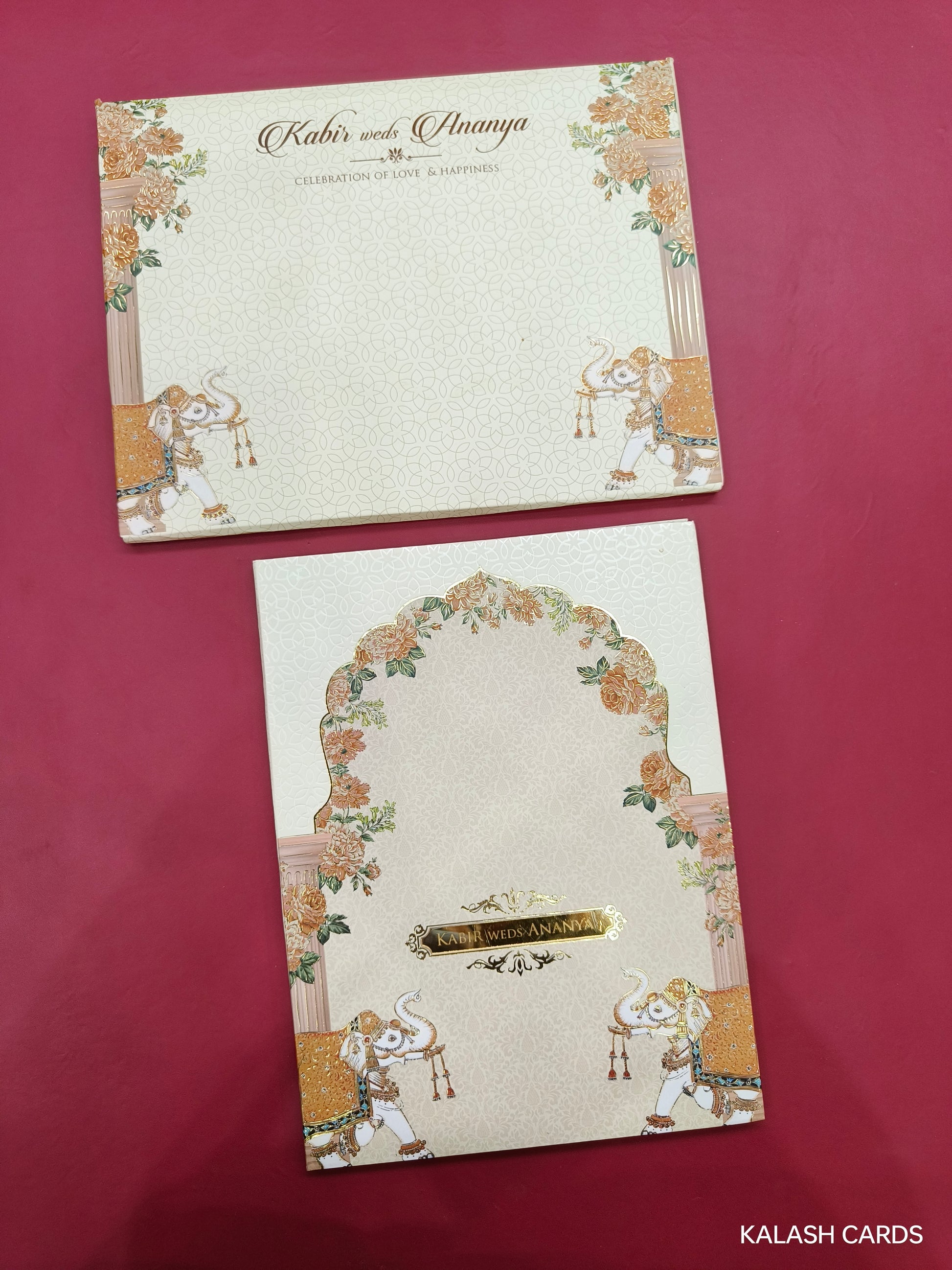 KLB694* Luxury Floral Elephant Design Hardbound Padding Thick Wedding Card with Couple Name Acrylic Mirror-Kalash Cards