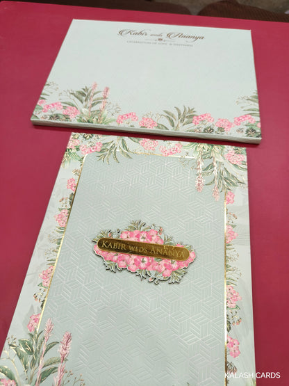 KLB696* Luxury Floral Border Design Hardbound Padding Thick Wedding Card with Couple Name Acrylic Mirror-Kalash Cards