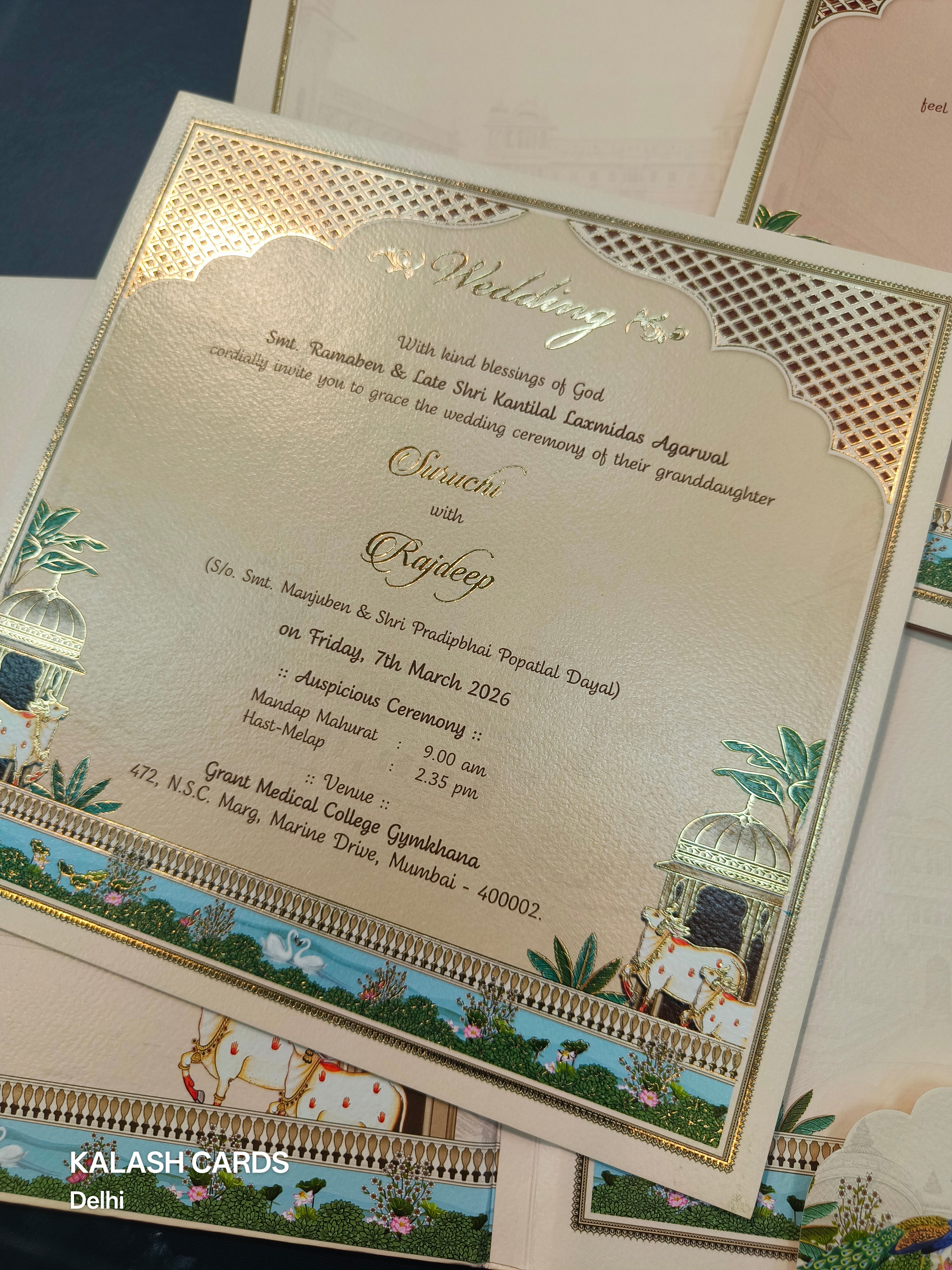 KLB511 Pichwai Jharokha Theme Glitter Gold Laser Cut Work Hardboard Padding Thick Wedding Card (2 Thick Page)-Kalash Cards