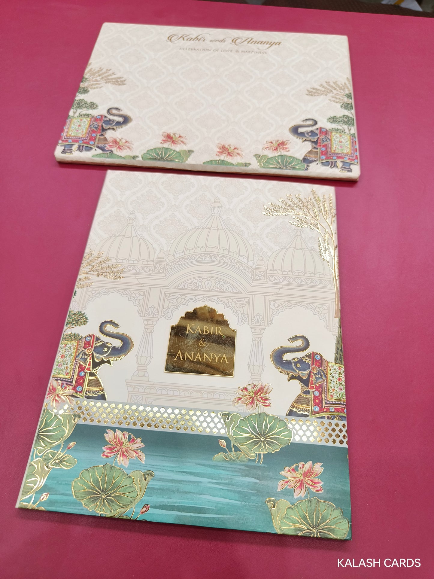 KLB703* Traditional Elephant Design Hardbound Padding Thick Wedding Card with Couple Name Acrylic Mirror-Kalash Cards