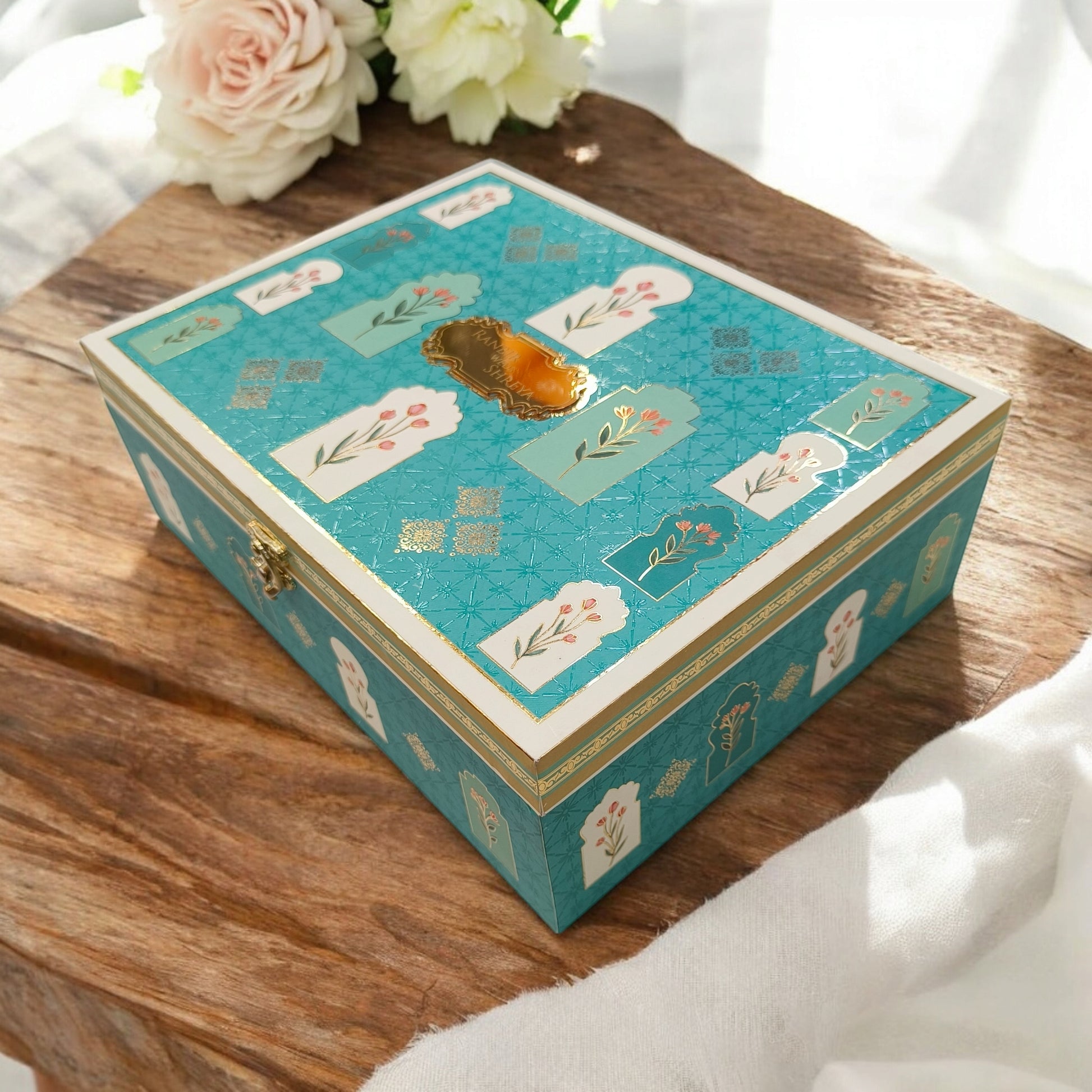 KL9044B Floral Design Luxury MDF Wedding Gift Box with 2 Printed Card Inserts and Ganesh Murti (2 Jars)-Kalash Cards