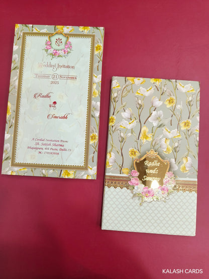 KLB732 Floral Design Hardbound Padding Thick Wedding Card with Couple Name Acrylic Mirror-Kalash Cards