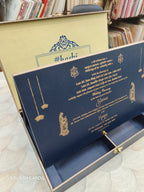 KL9003 Royal Blue Floral Design Lasercut Wedding Box with Laser Cut Couple Name and 2 Fold Page Card-Kalash Cards