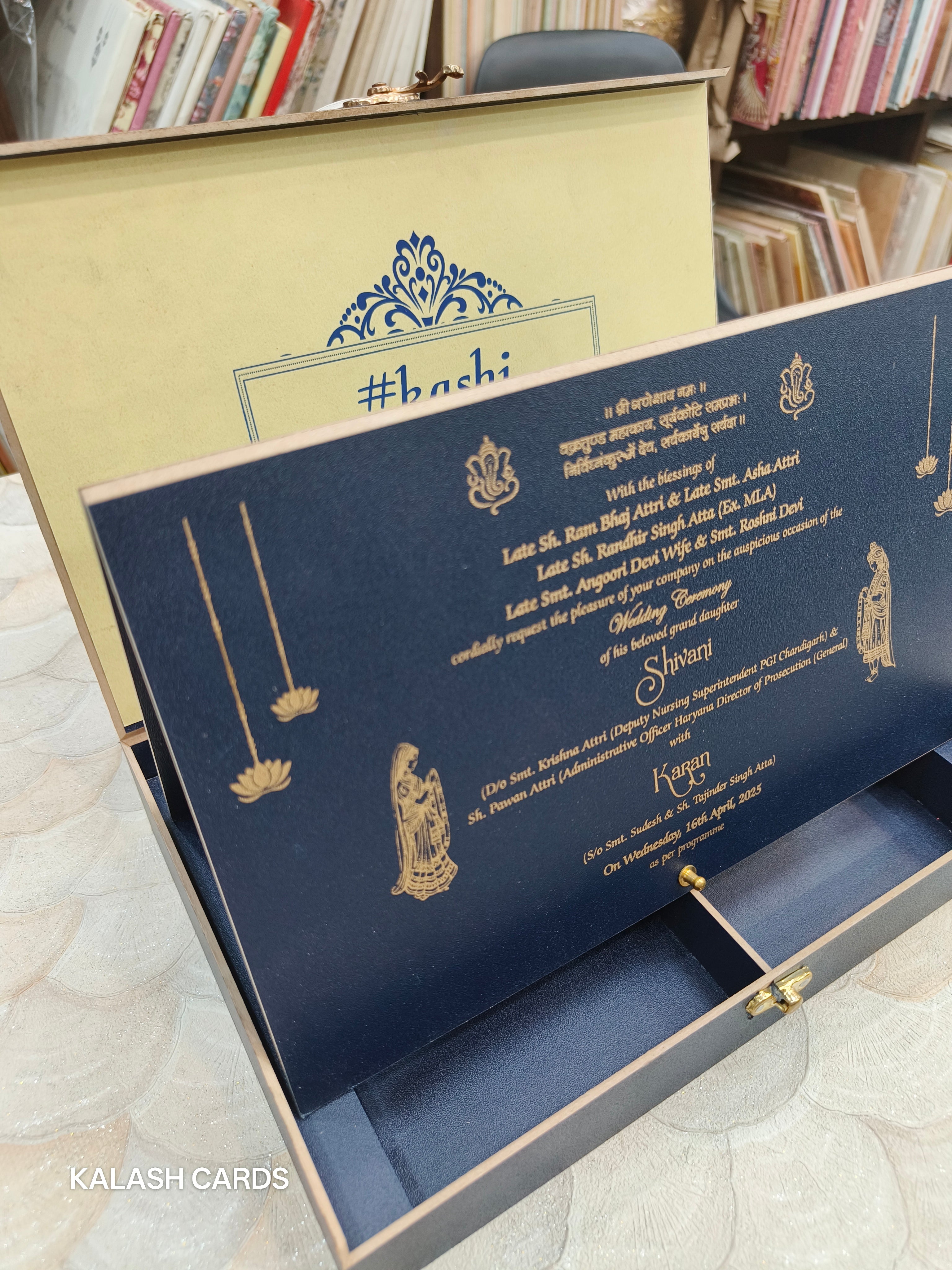 KL9003 Royal Blue Floral Design Lasercut Wedding Box with Laser Cut Couple Name and 2 Fold Page Card-Kalash Cards