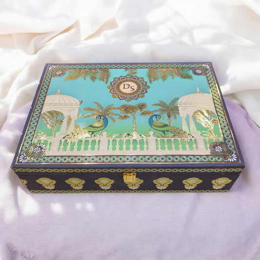 KL2163 Royal Peacock Design MDF Wedding Gift Box with Customisable 2 Gold Foil Printed Cards (2 Jars)-Kalash Cards