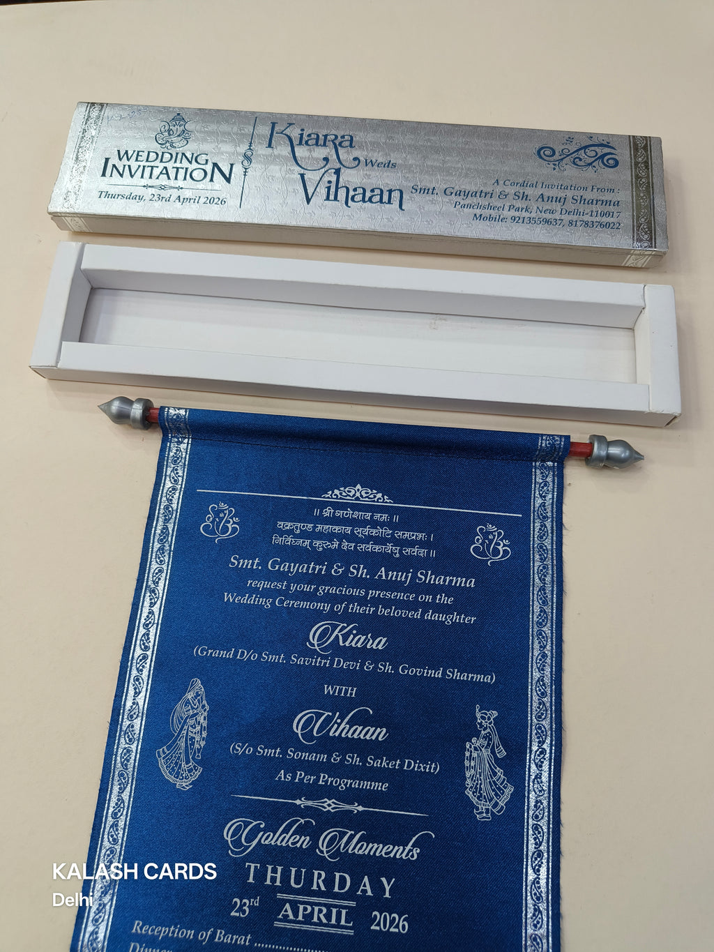 KL9 Satin Fabric Scroll Wedding Card with Box-Kalash Cards