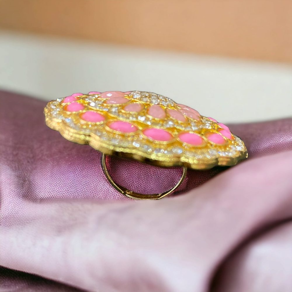 Pink Colour Kundan Ring with AD Free Size-Kalash Cards