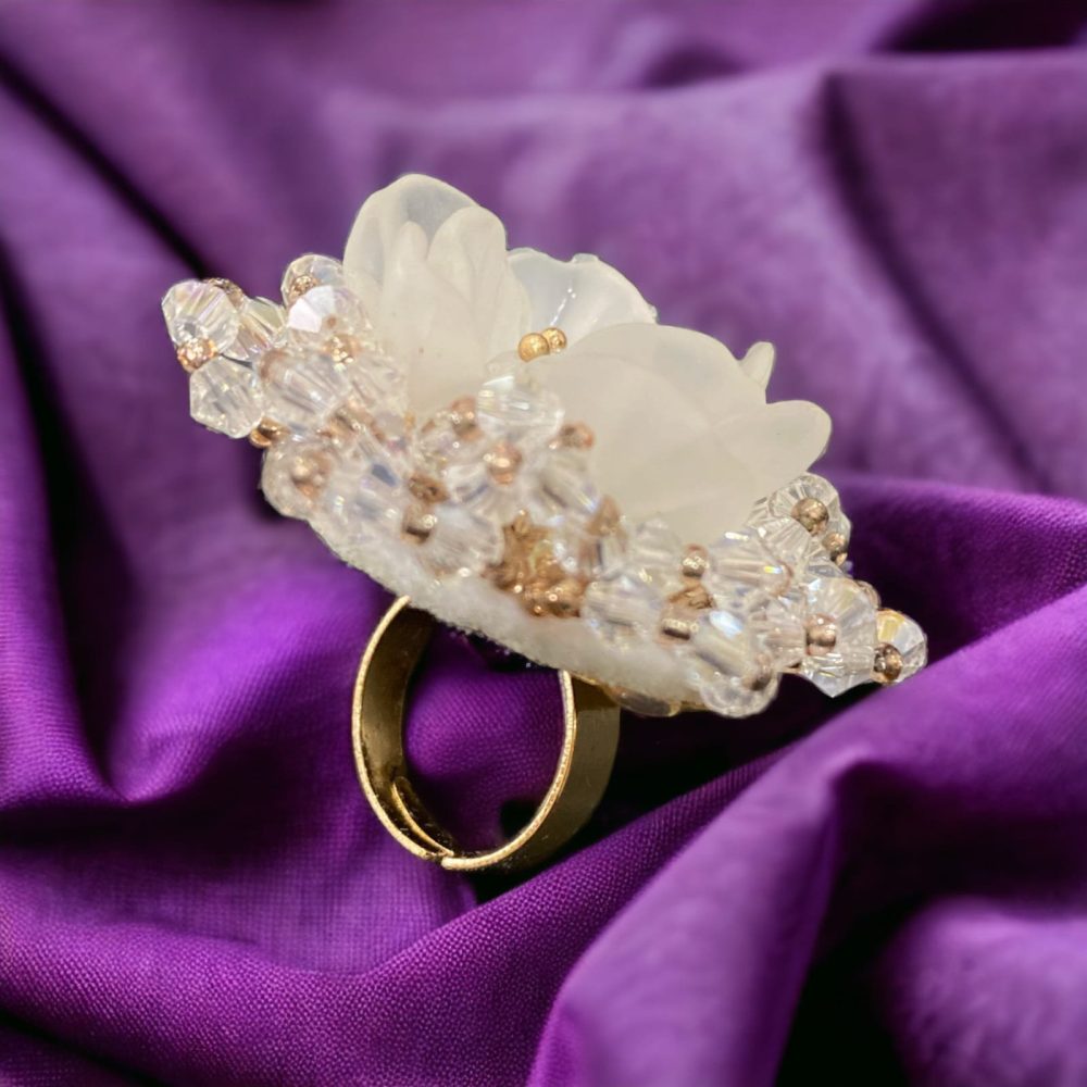 White Colour Korean Flower Design 3D Crystal Ring Free Size-Kalash Cards
