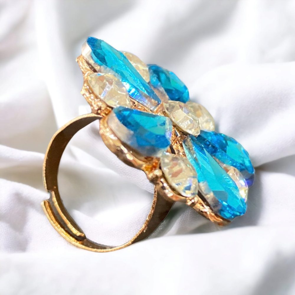 Flower Design Blue Colour Crystal Ring Free Size-Kalash Cards