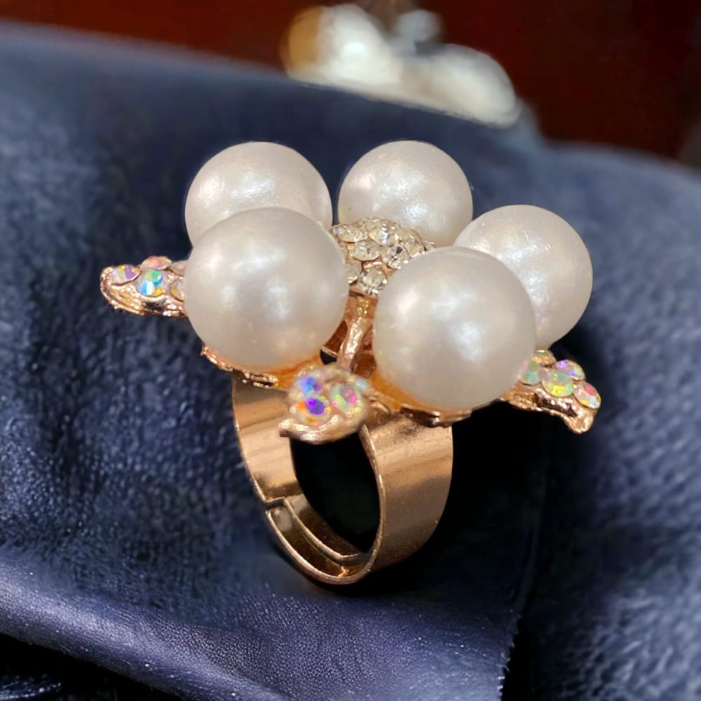 Pearl Flower Design Ring with AD Free size-Kalash Cards